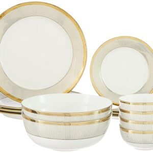 Solimo Ceramic 14 Piece Premium Dinner Set | 4 Dinner Plates, 4 Quarter Plates, 2 Large Bowls & 4 Small Bowls | Black & Golden Strip White,Floral